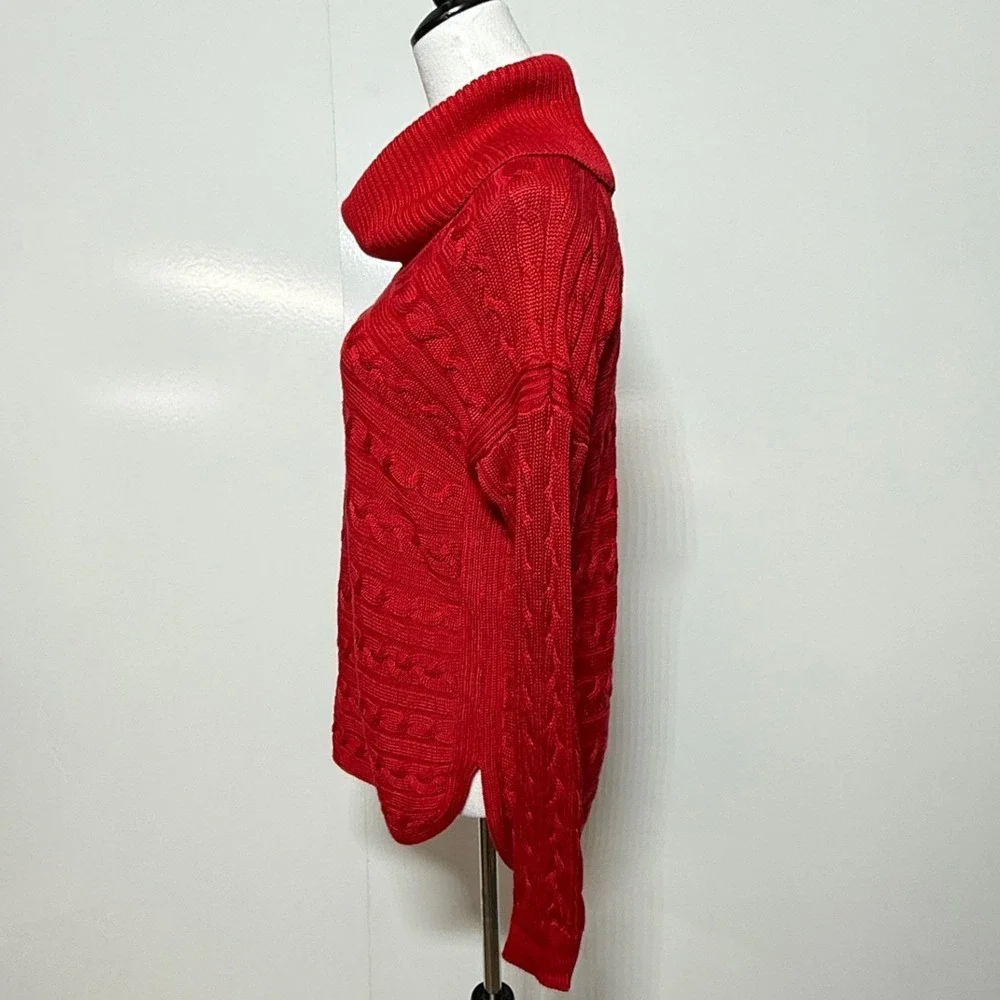 Ralph Lauren Sweaters Women Large Red Cowl Neck‎ Cable Knit Black Label